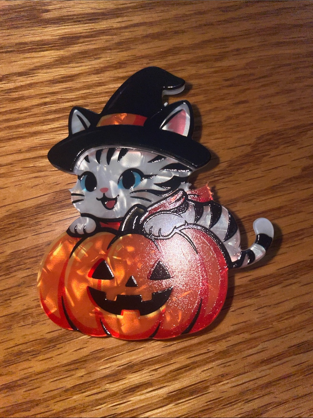 Halloween Cat with Pumpkin Magnet - Black/Orange Brooch/Pin